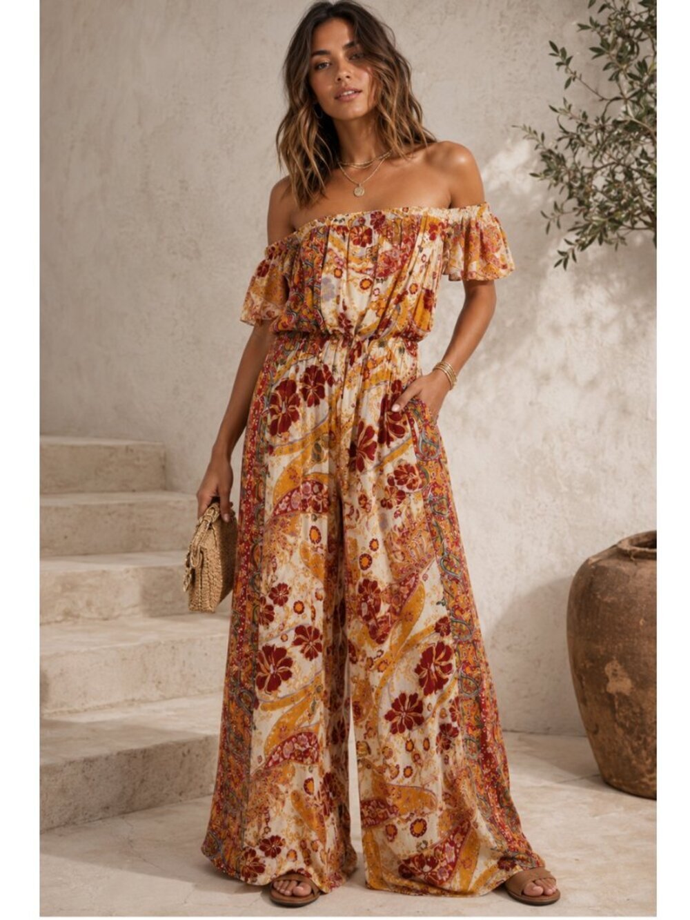 Free People Jumpsuit Orange Red Paisley Wide Legs Summer Resort Vacation XS